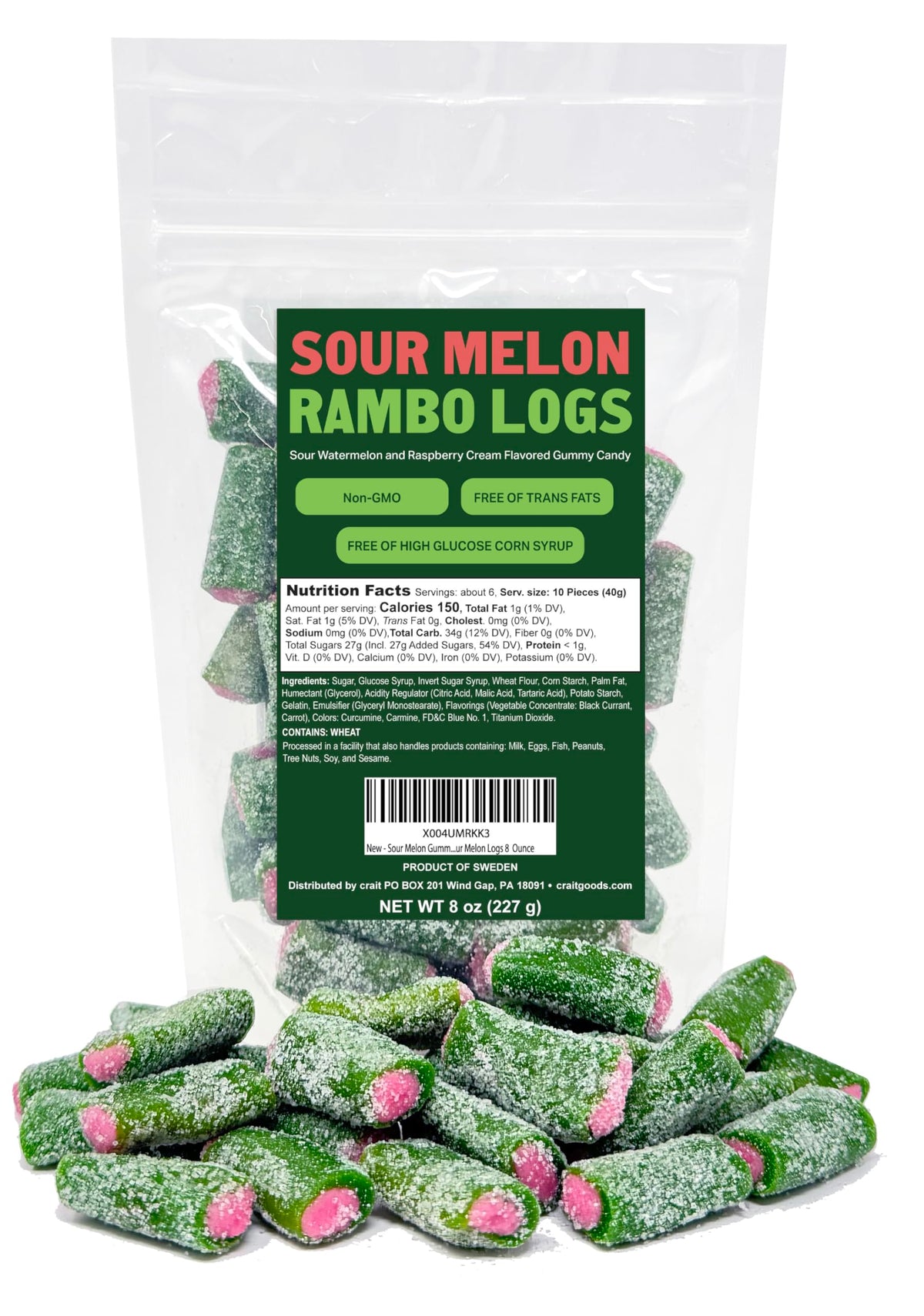 Crait Swedish Sour Melon Logs in a resealable bag for fresh snacking.