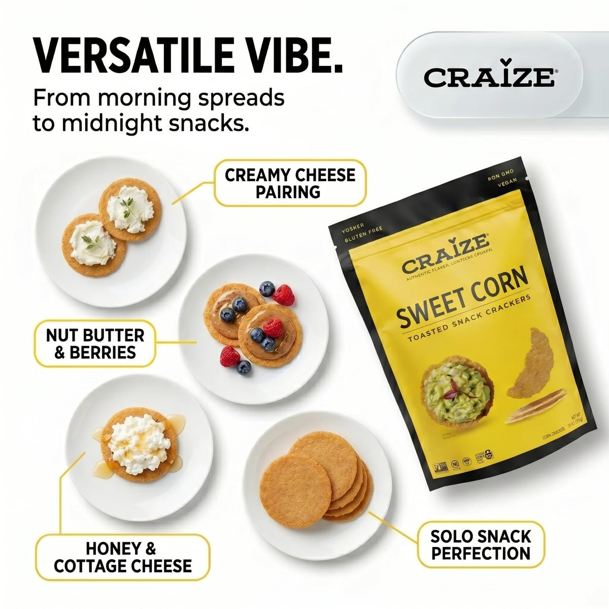 Craize Sweet Corn Crisps ingredients shown, baked and non-GMO.