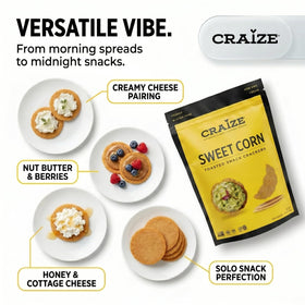 Craize Sweet Corn Crisps on a charcuterie board, versatile party bite.