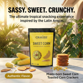 Craize Sweet Corn Crisps closeup-texture highlighting toasty flavor and airy crunch.