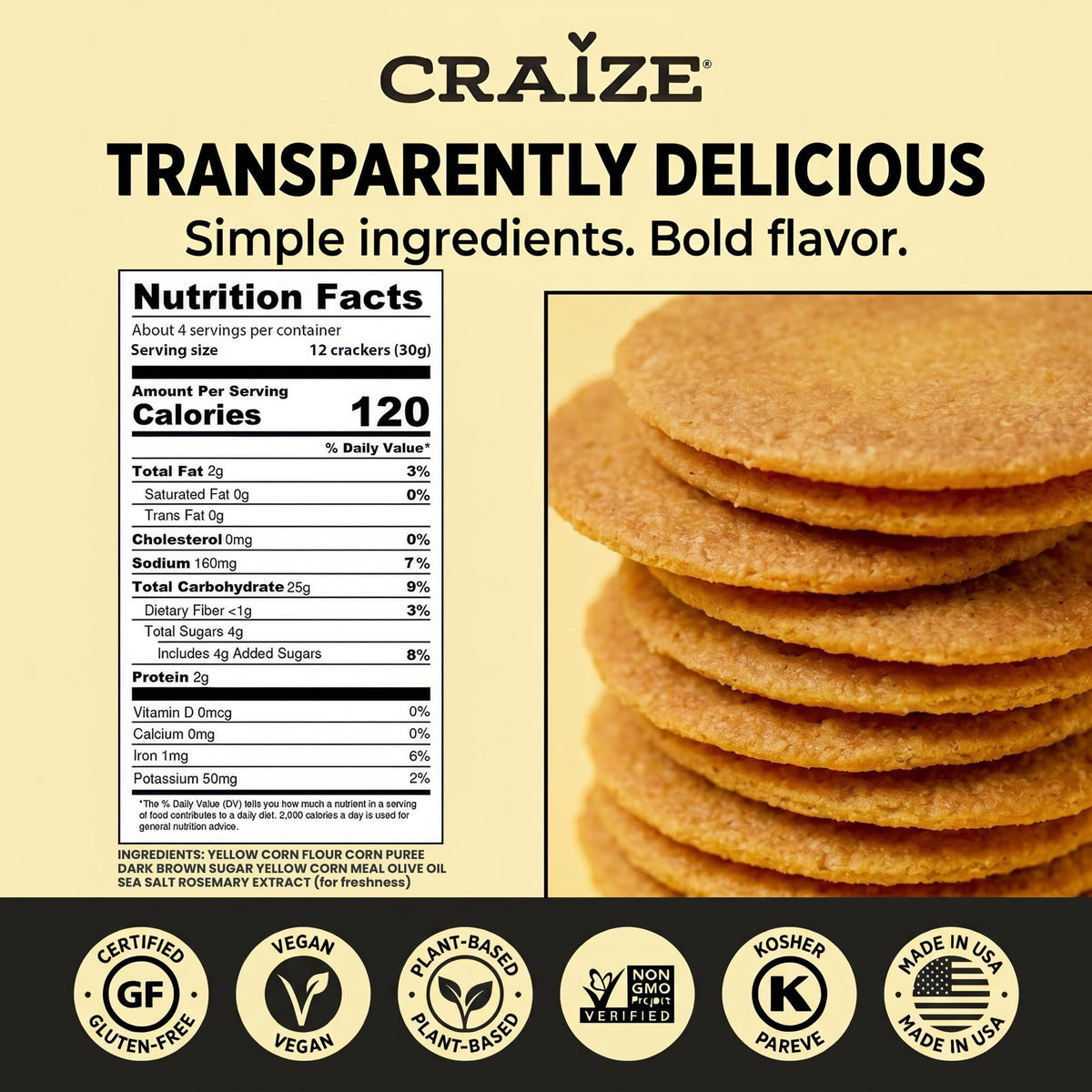 Craize Sweet Corn Crisps close-up of toasted kernels and crunch.