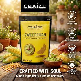 Craize Sweet Corn Crisps dipped in guacamole, a colorful snack for gatherings.