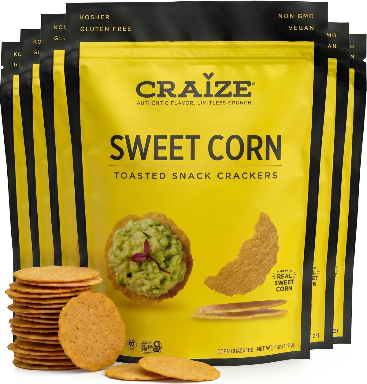 Craize Sweet Corn Crisps pack of six, gluten-free snack for on-the-go.