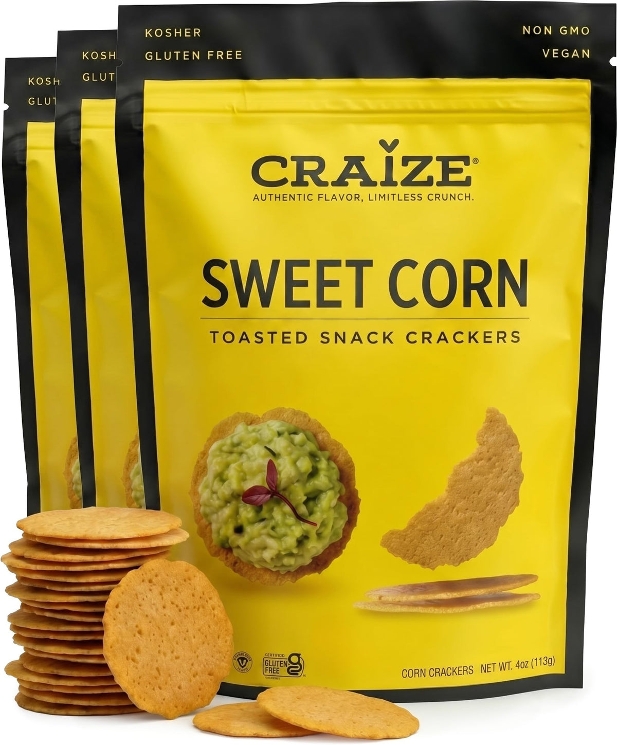 Craize Sweet Corn Crisps pack-front, gluten-free snack with vibrant flavor.