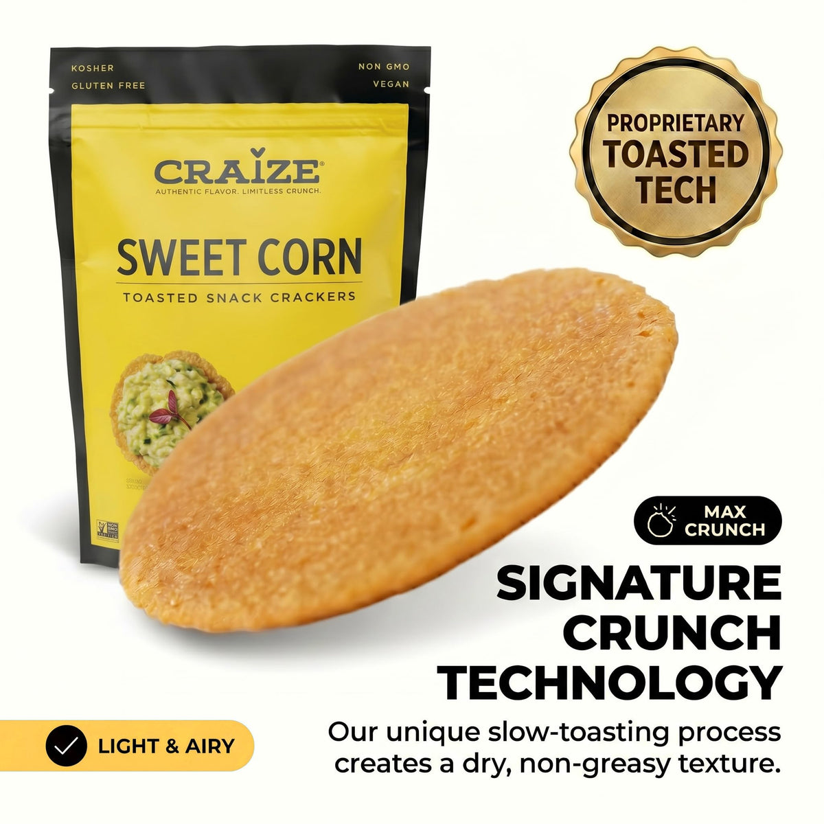 Craize Sweet Corn Crisps with cheese topping for a tasty taco-crunch bite.