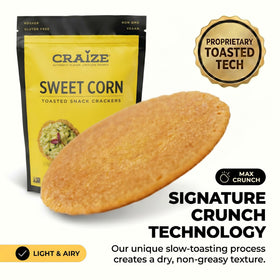 Craize Sweet Corn Crisps with cheese topping for a tasty taco-crunch bite.