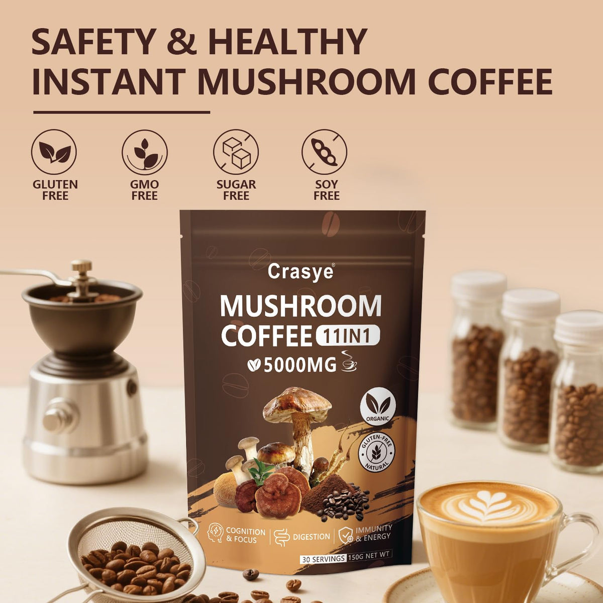 Crasye coffee bag with scoop and mushroom imagery for digestion notes