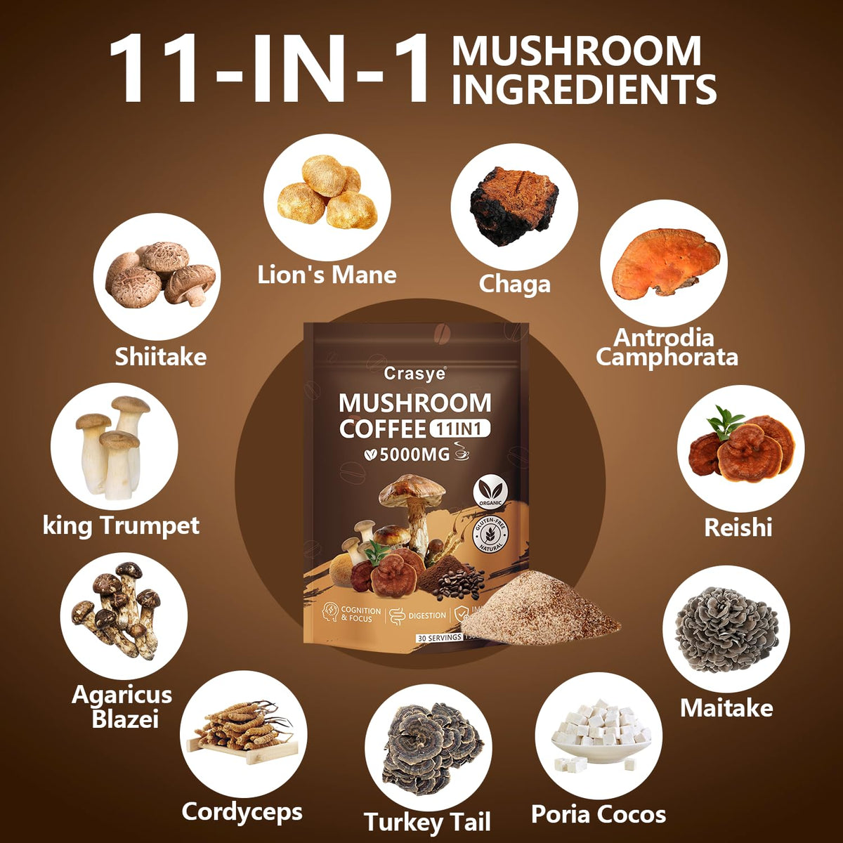 Crasye organic low-caffeine mushroom coffee cup steaming with smooth energy conveyance