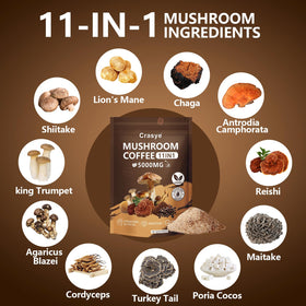Crasye organic low-caffeine mushroom coffee cup steaming with smooth energy conveyance