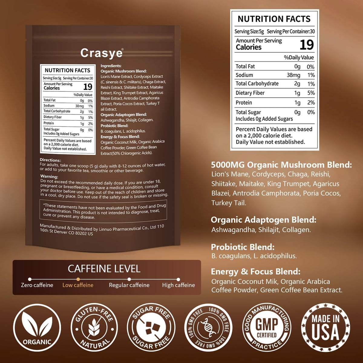 Crasye organic low-caffeine mushroom coffee jar pour showing convenient serving