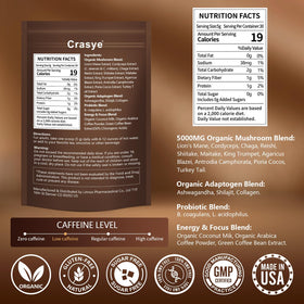 Crasye organic low-caffeine mushroom coffee jar pour showing convenient serving
