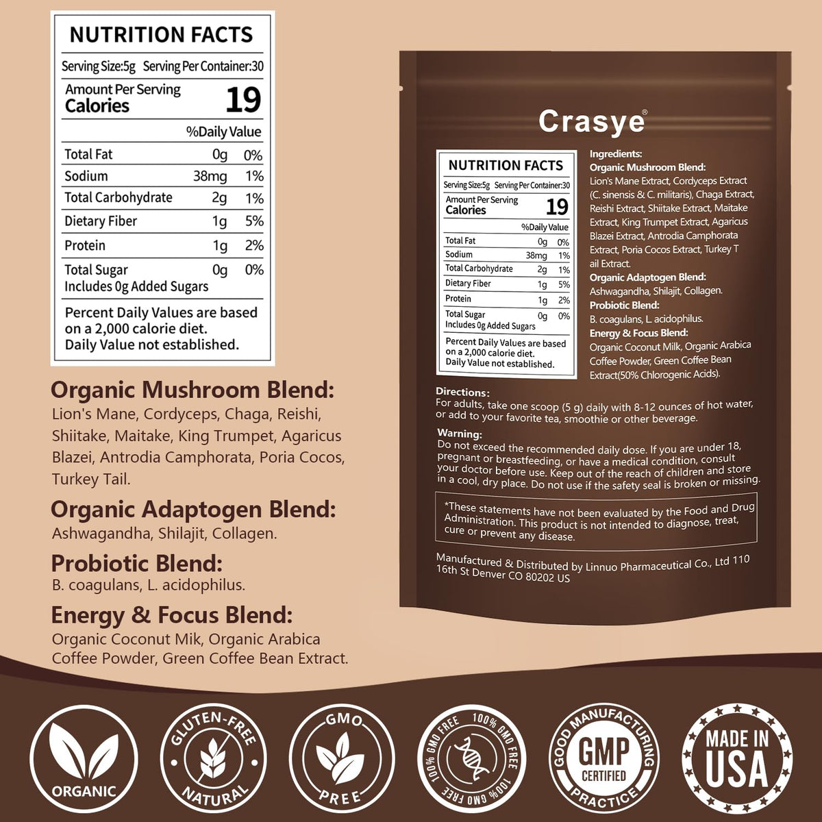 Crasye Organic Mushroom Coffee canister being poured for a smooth aroma