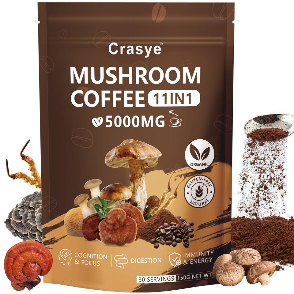 Crasye Organic Mushroom Coffee jar front view highlighting focus and energy