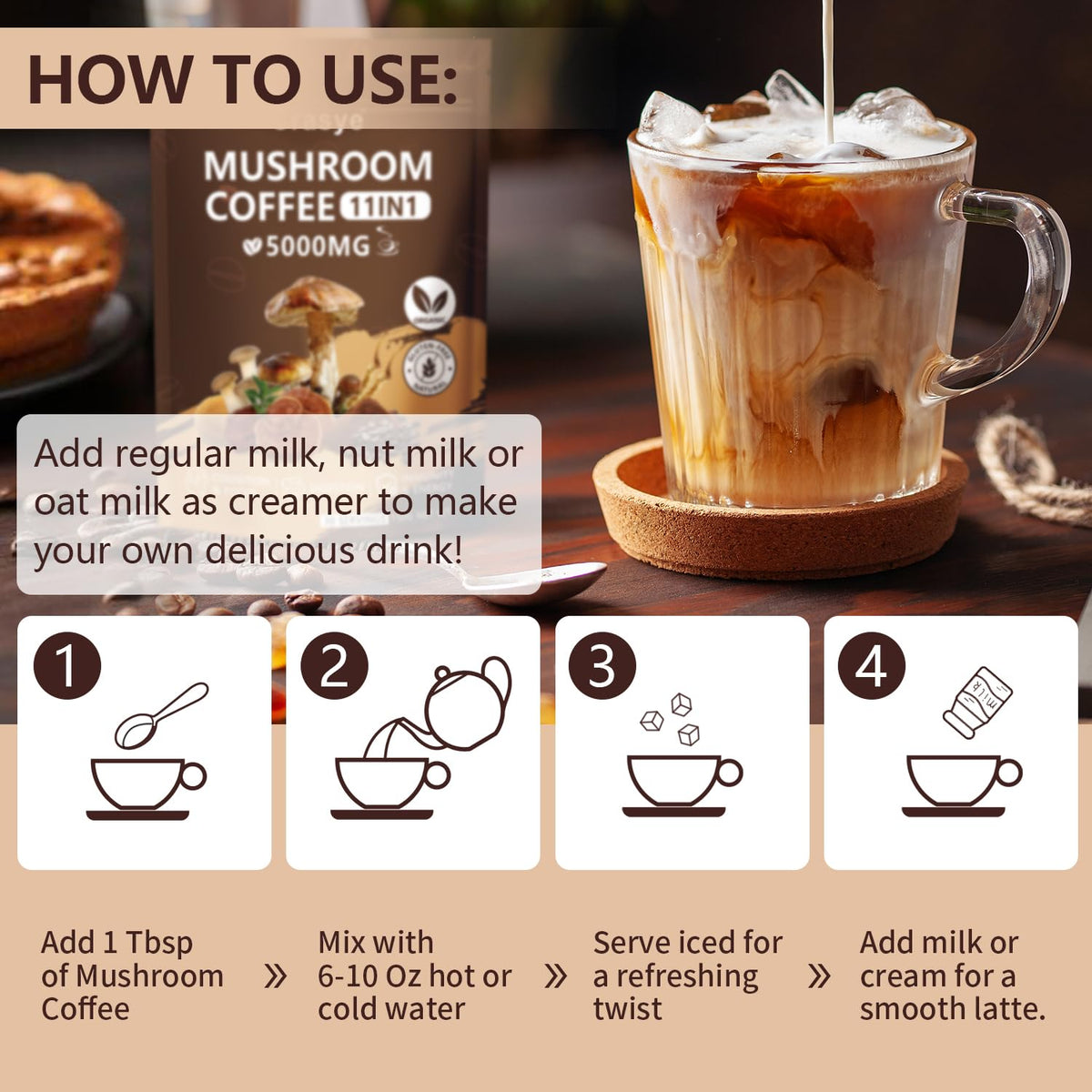 Crasye steaming cup of mushroom coffee with rich aroma