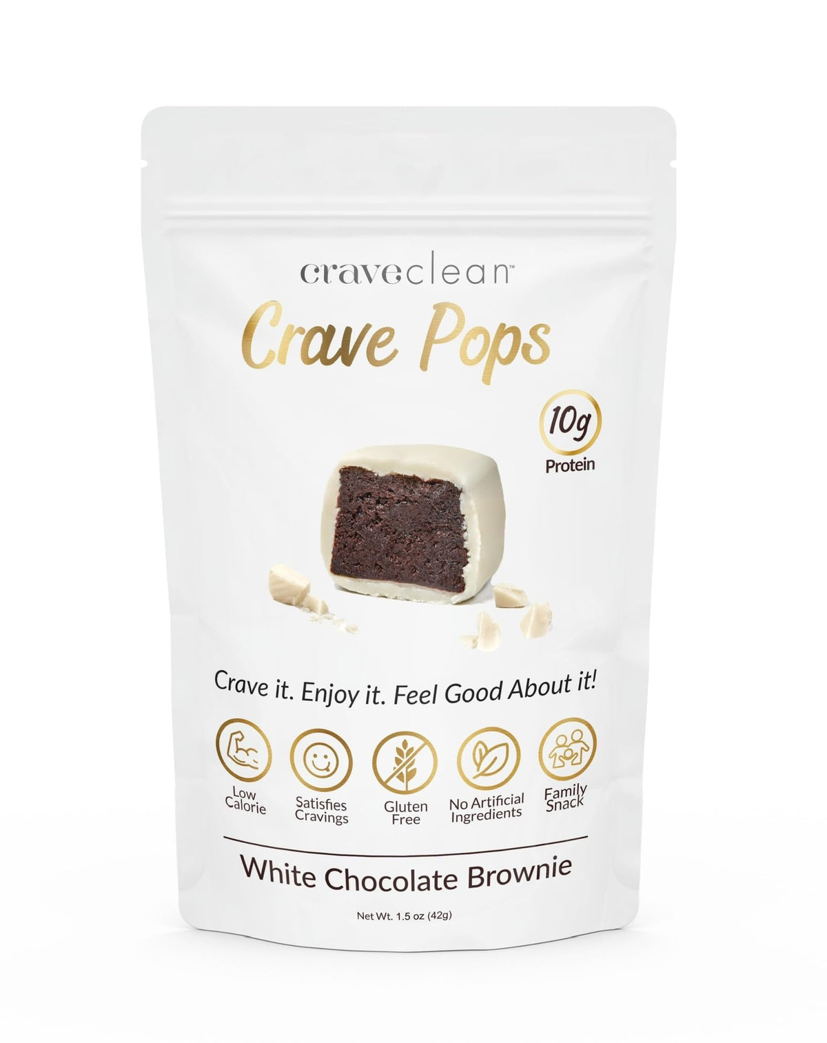 CRAVECLEAN White Chocolate Brownie Pops closeup bite shows creamy texture and clean ingredients.