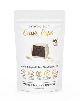 CRAVECLEAN White Chocolate Brownie Pops closeup bite shows creamy texture and clean ingredients.