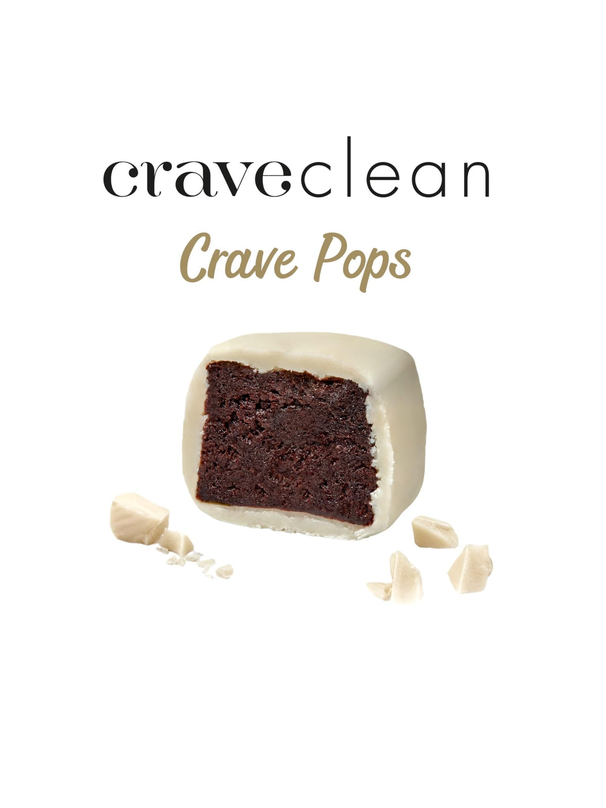 CRAVECLEAN White Chocolate Brownie Pops kid-friendly pack emphasizes family-approved treat.