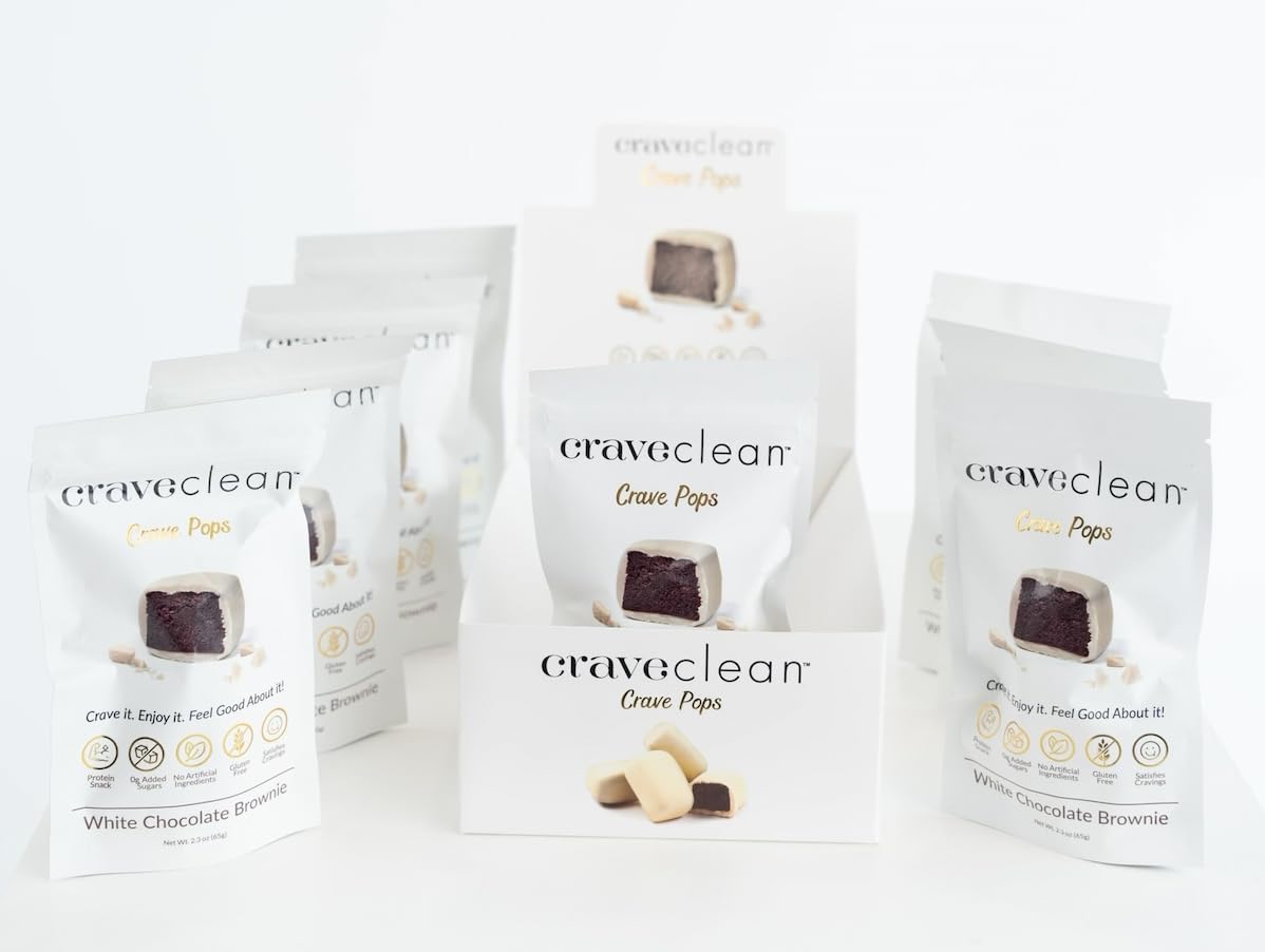 CRAVECLEAN White Chocolate Brownie Pops packshot highlights gluten-free, high-protein snack.