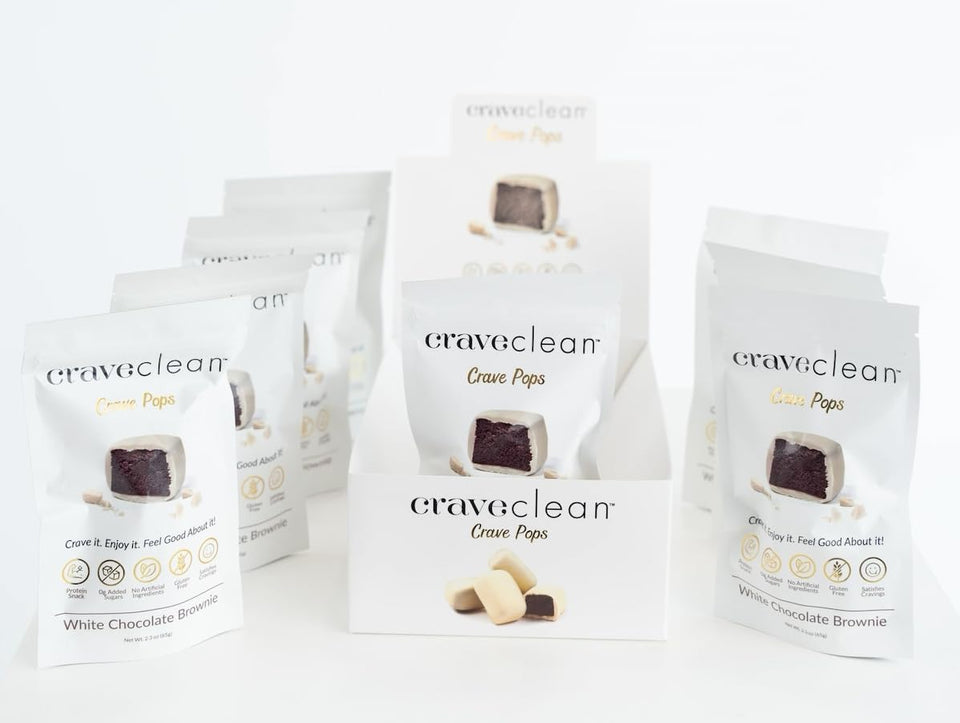 CRAVECLEAN White Chocolate Brownie Pops packshot highlights gluten-free, high-protein snack.