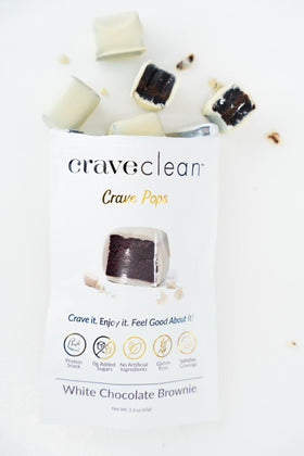 CRAVECLEAN White Chocolate Brownie Pops resealable pouch keeps snacks fresh for all-day snacking.