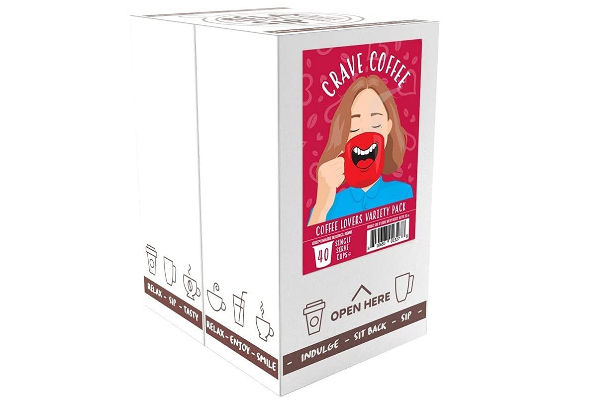 Crave Beverages Coffee Lovers pods beside Keurig brewer, showing quick, compatible brewing.