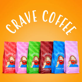 Crave Beverages bag-label-closeup showing Arabica blend and enhanced flavors.
