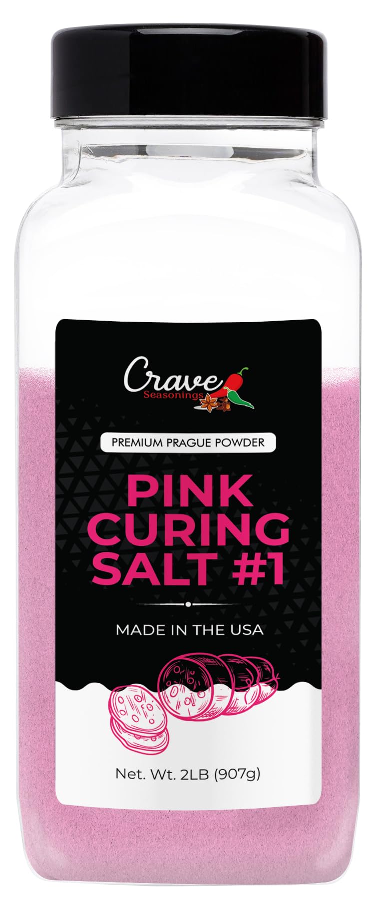 Crave Pink curing salt front view for reliable home meat curing.