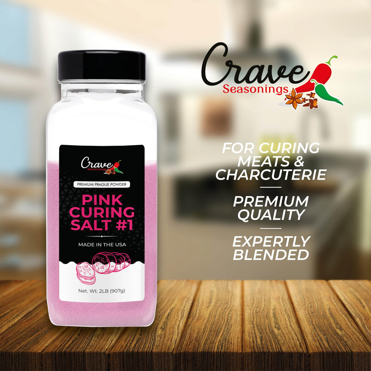 Crave Pink curing salt side view highlighting the jar design.