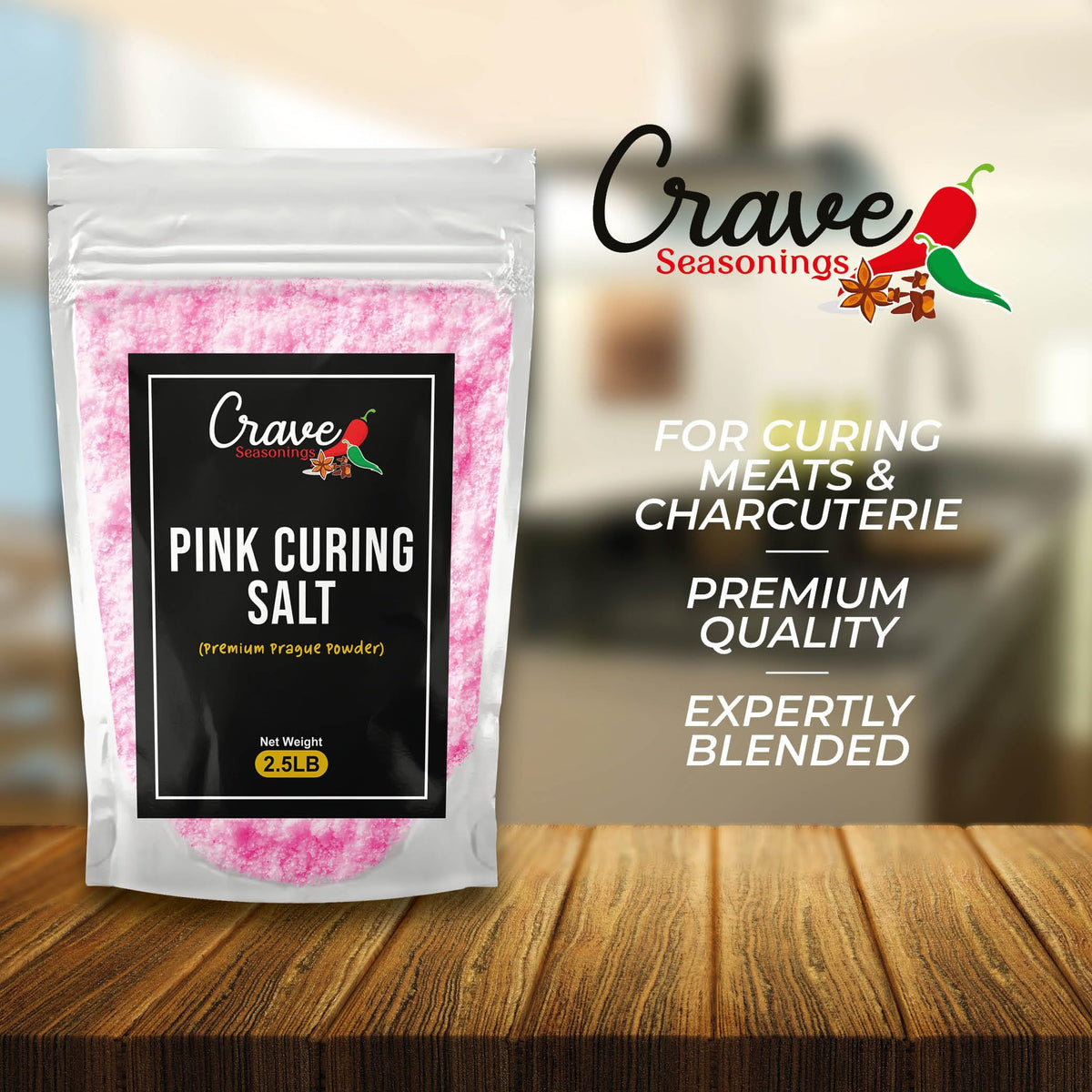 Crave Seasonings pink curing salt bag label closeup with nitrite info