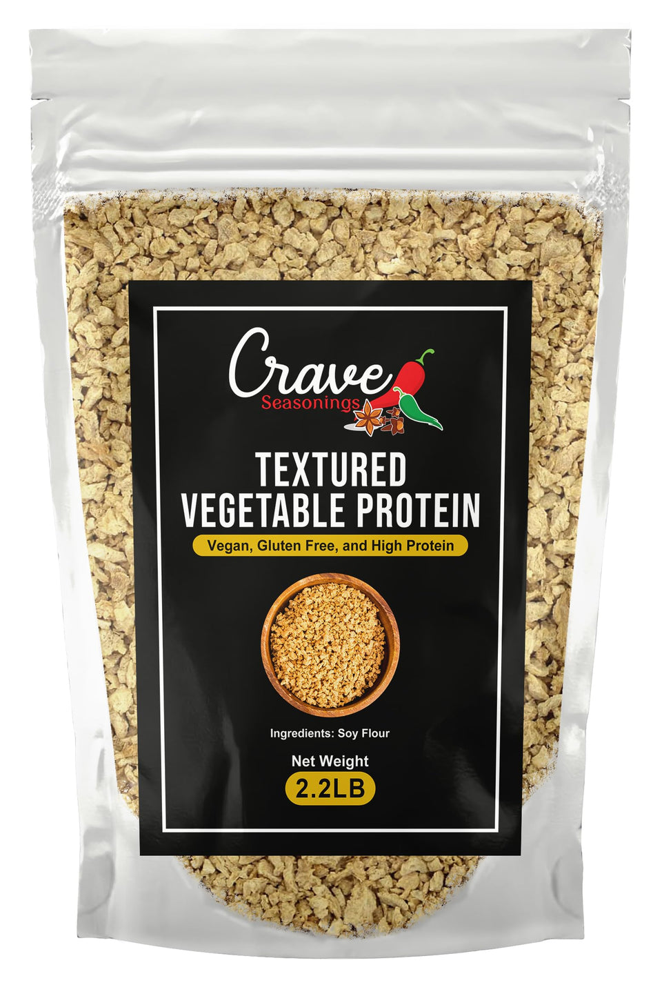 Crave Seasonings textured vegetable protein 2.2 lb bag front view for versatile vegan meals.