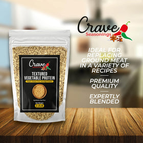 Crave Seasonings TVP chunks close-up showing hearty texture for burgers and tacos.