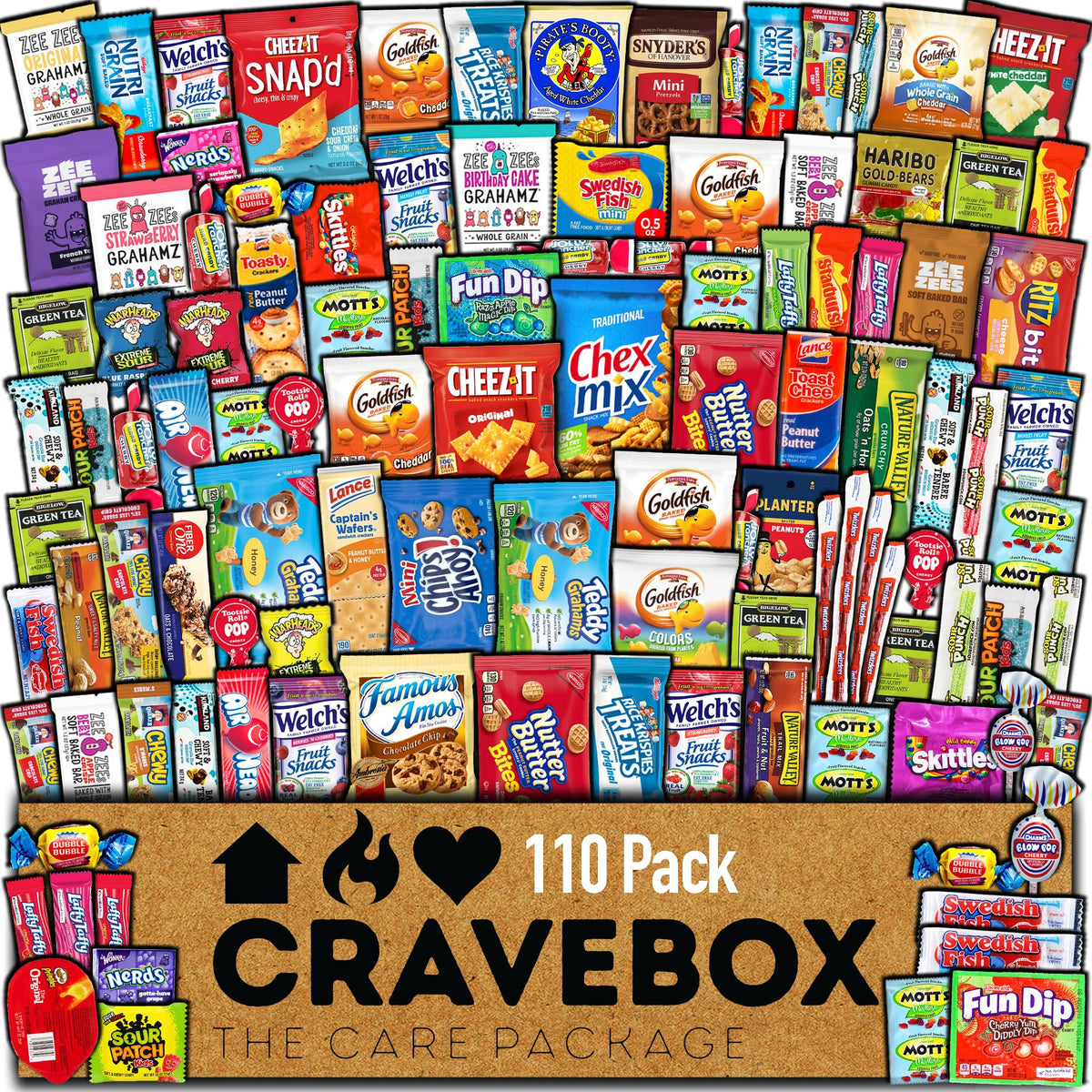 CRAVEBOX 110ct snack box image showing a packed assortment for easy snacking