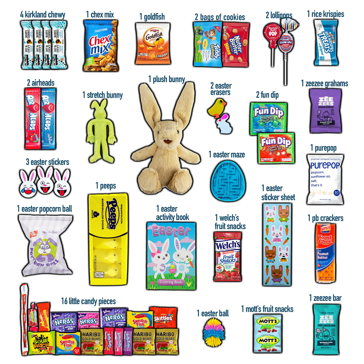 CRAVEBOX Easter Care Package showing plush bunny and assorted snacks for kids.