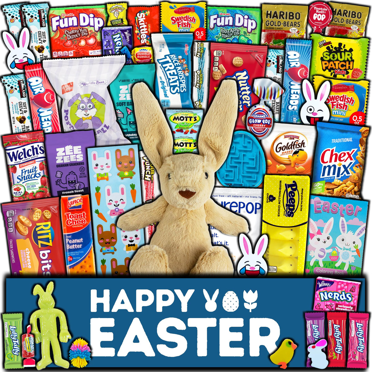 CRAVEBOX Easter Care Package with plush bunny and snacks, perfect for gifting.