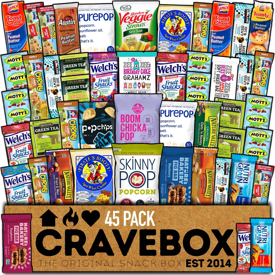 CRAVEBOX Healthy Snack Box shows 45-count assortment for steady energy.