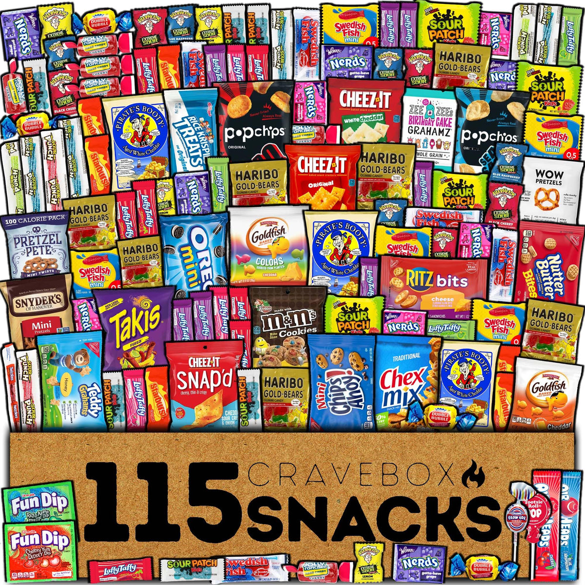 CRAVEBOX snack and candy box shows a 115-count assortment ideal for gifting
