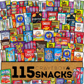 CRAVEBOX snack and candy box shows a 115-count assortment ideal for gifting