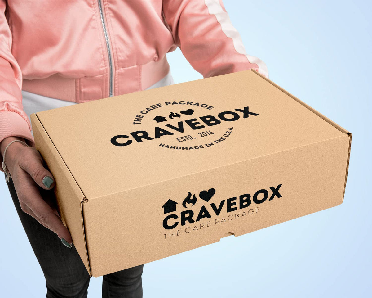 CRAVEBOX Snack Box dimensions demonstrate compact mailing size for safe delivery.