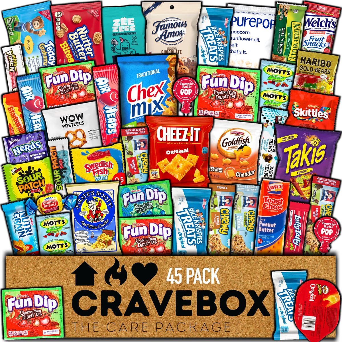 CRAVEBOX 45-count snacks box variety pack opened for family sharing.