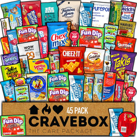 CRAVEBOX 45-count snacks box variety pack opened for family sharing.