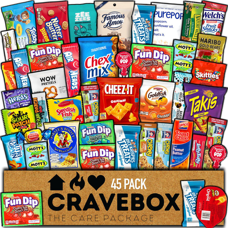 CRAVEBOX 45-count snacks box variety pack opened for family sharing.