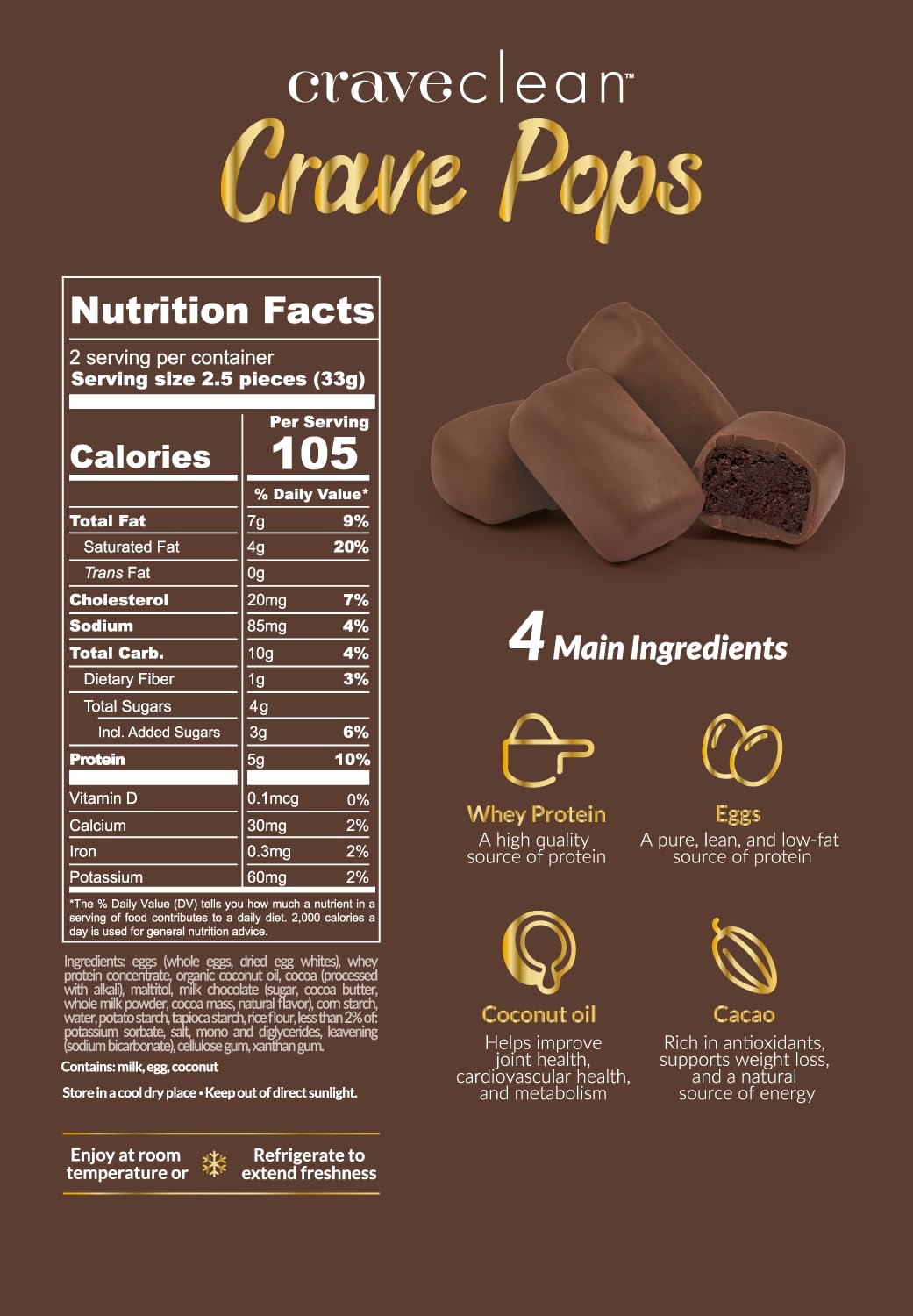CRAVECLEAN brownie pops closeup emphasizes rich flavor with clean ingredients for post-workout cravings.