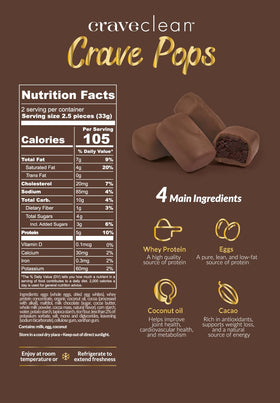 CRAVECLEAN brownie pops closeup emphasizes rich flavor with clean ingredients for post-workout cravings.