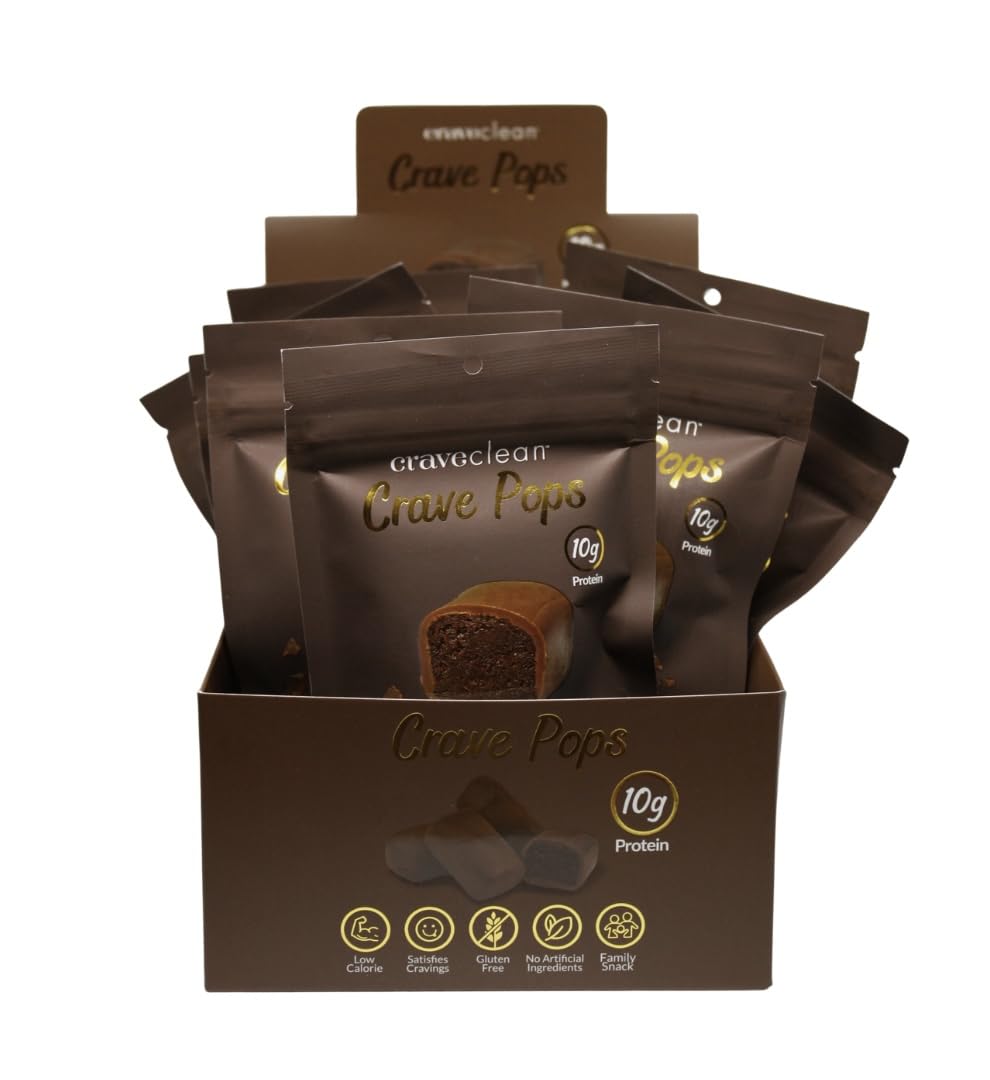 CRAVECLEAN Milk Chocolate Brownie Pops pack highlights a protein-packed, gluten-free snack.