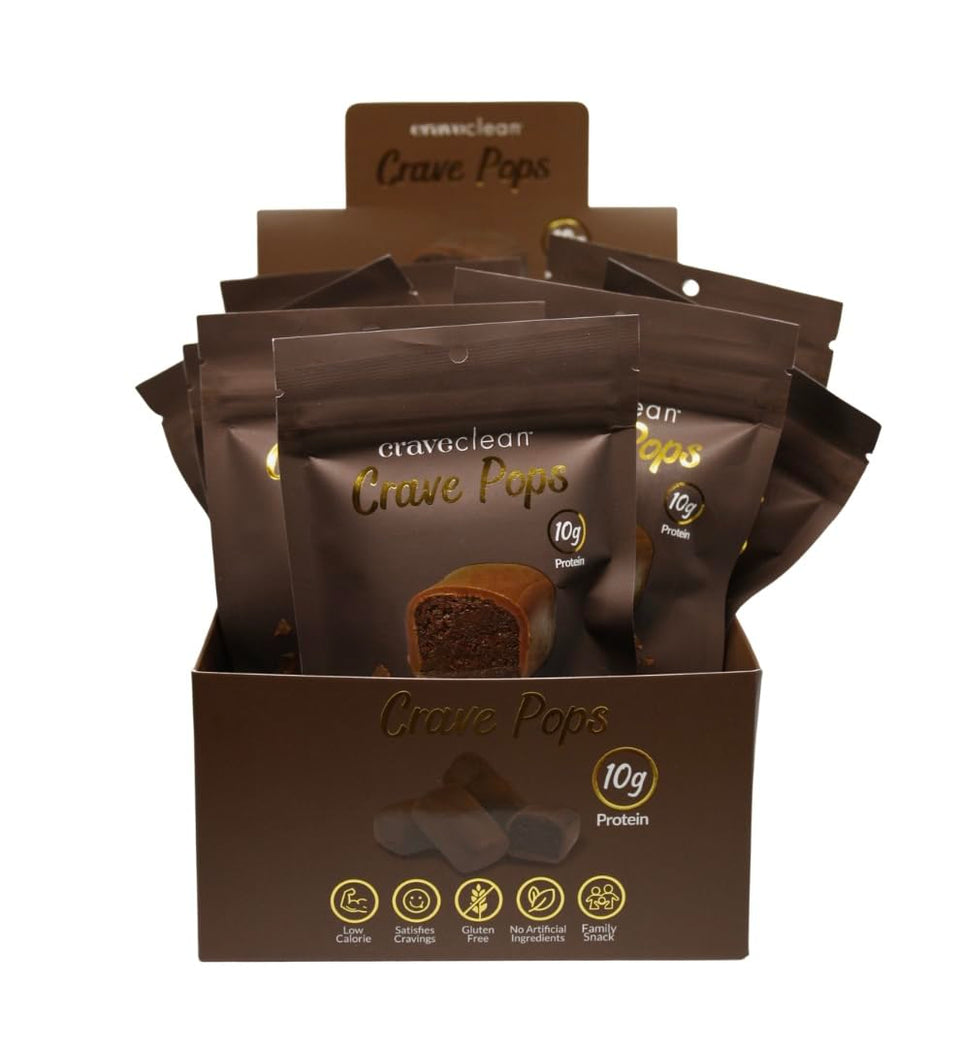 CRAVECLEAN Milk Chocolate Brownie Pops pack highlights a protein-packed, gluten-free snack.