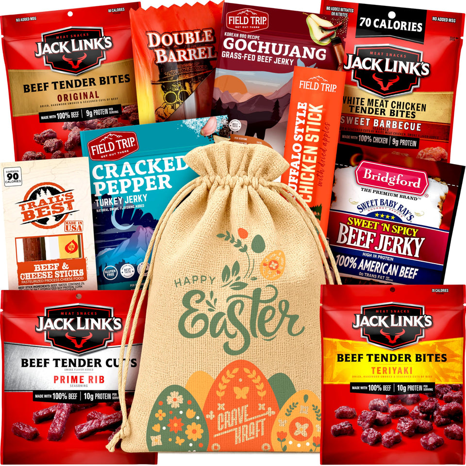 Cravekraft beef jerky Easter basket for men in a handmade jute bag, ready to gift.