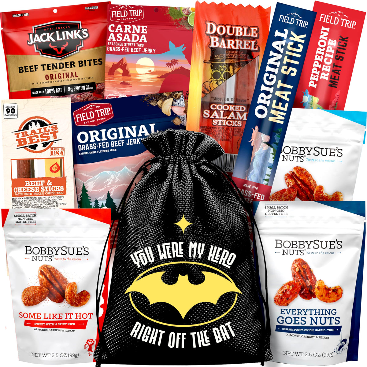Cravekraft gift basket with jerky and nuts in jute bag, ideal for gifting.