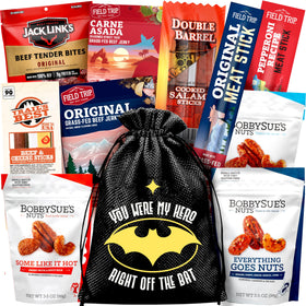Cravekraft gift basket with jerky and nuts in jute bag, ideal for gifting.
