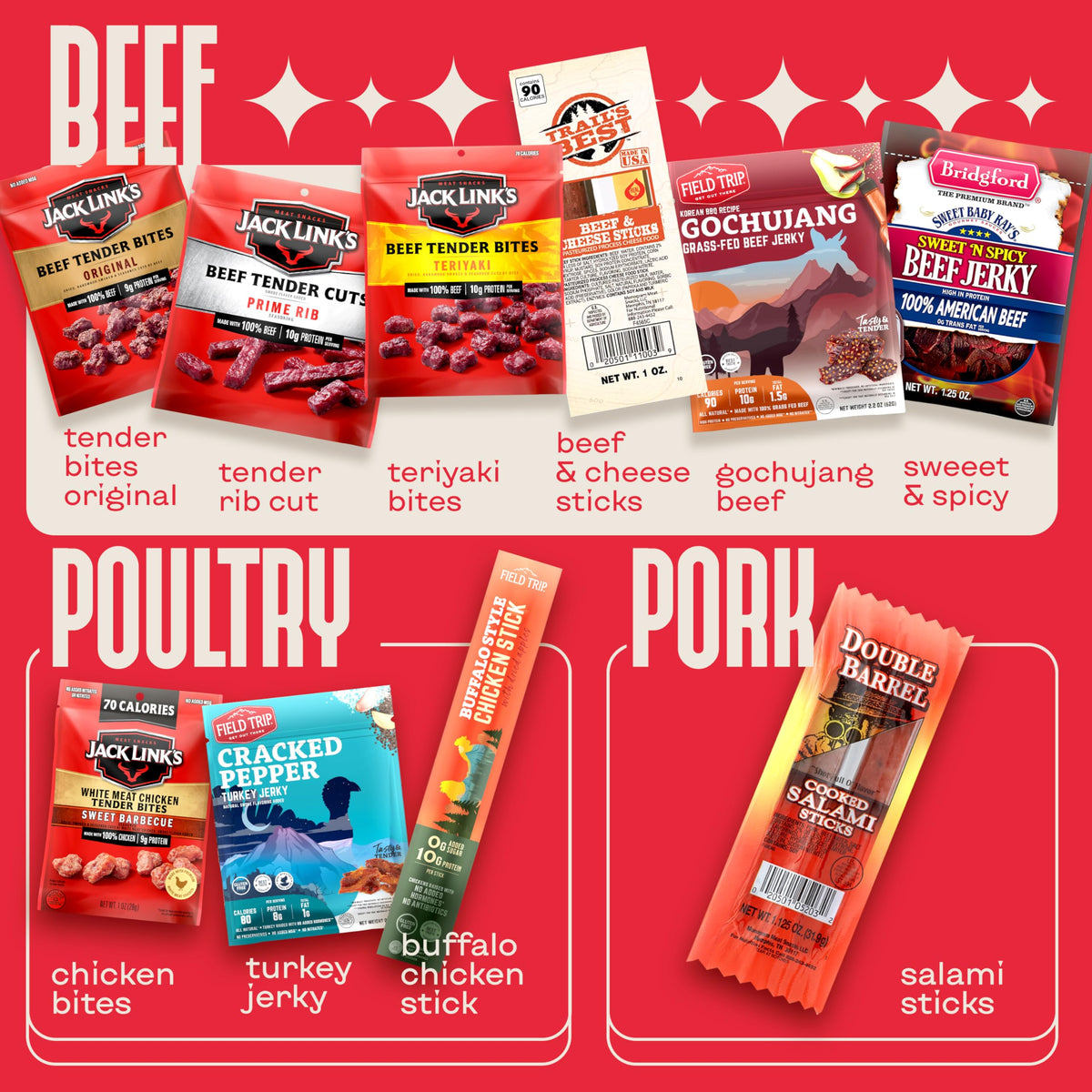 CraveKraft Jerky Sticks and Large Packs shown for grab-and-go snacking.