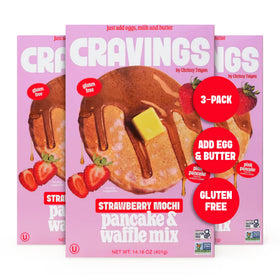 Cravings by Chrissy Teigen gluten-free strawberry mochi pancakes stack showing fluffy texture and flavor